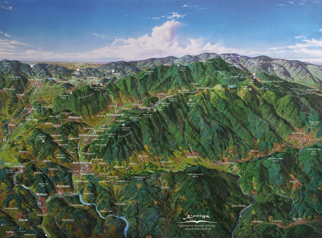 Karte mit 3D Ansicht der Berge