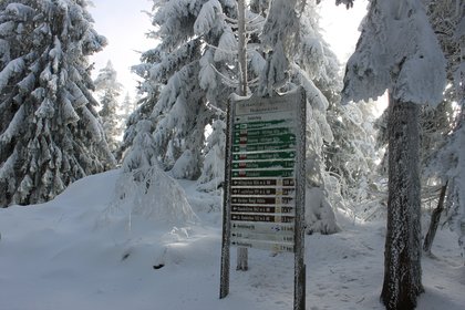 Wanderhinweistafel im Winterwald