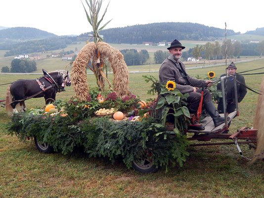 Geschmückter Gabenwagen des Erntedank-Umzugs in Altrandsberg