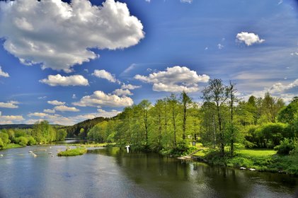 Blick auf den Fluss und das Kneipptretbecken das sich im Fluss befindet