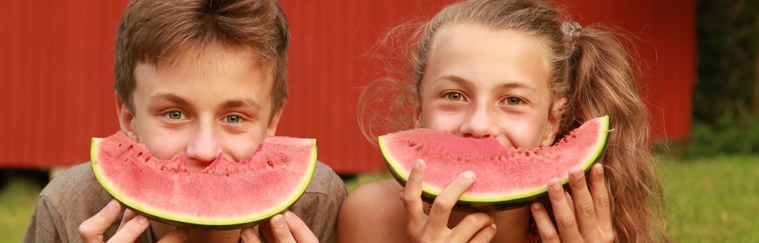 zwei Kinder liegen in der Wiese und halten sich eine Melonenscheibe vor den Mund, so dass es aussieht als hätten sie ein breites Grinsen im Gesicht. Im Hintergrund sieht man die Scheune in der die Boote für den Bootsverleih gelagert werden.
