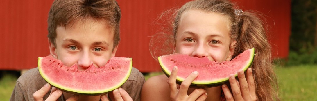 zwei Kinder liegen in der Wiese und halten sich eine Melonenscheibe vor den Mund, so dass es aussieht als hätten sie ein breites Grinsen im Gesicht. Im Hintergrund sieht man die Scheune in der die Boote für den Bootsverleih gelagert werden.