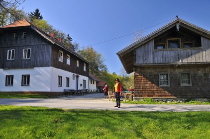 Blick auf die Gasstätte Forstdiensthütte am Hohenbogen