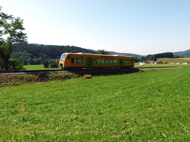 Blick auf den fahrenden Zug der Oberpfalzbahn in der Natur
