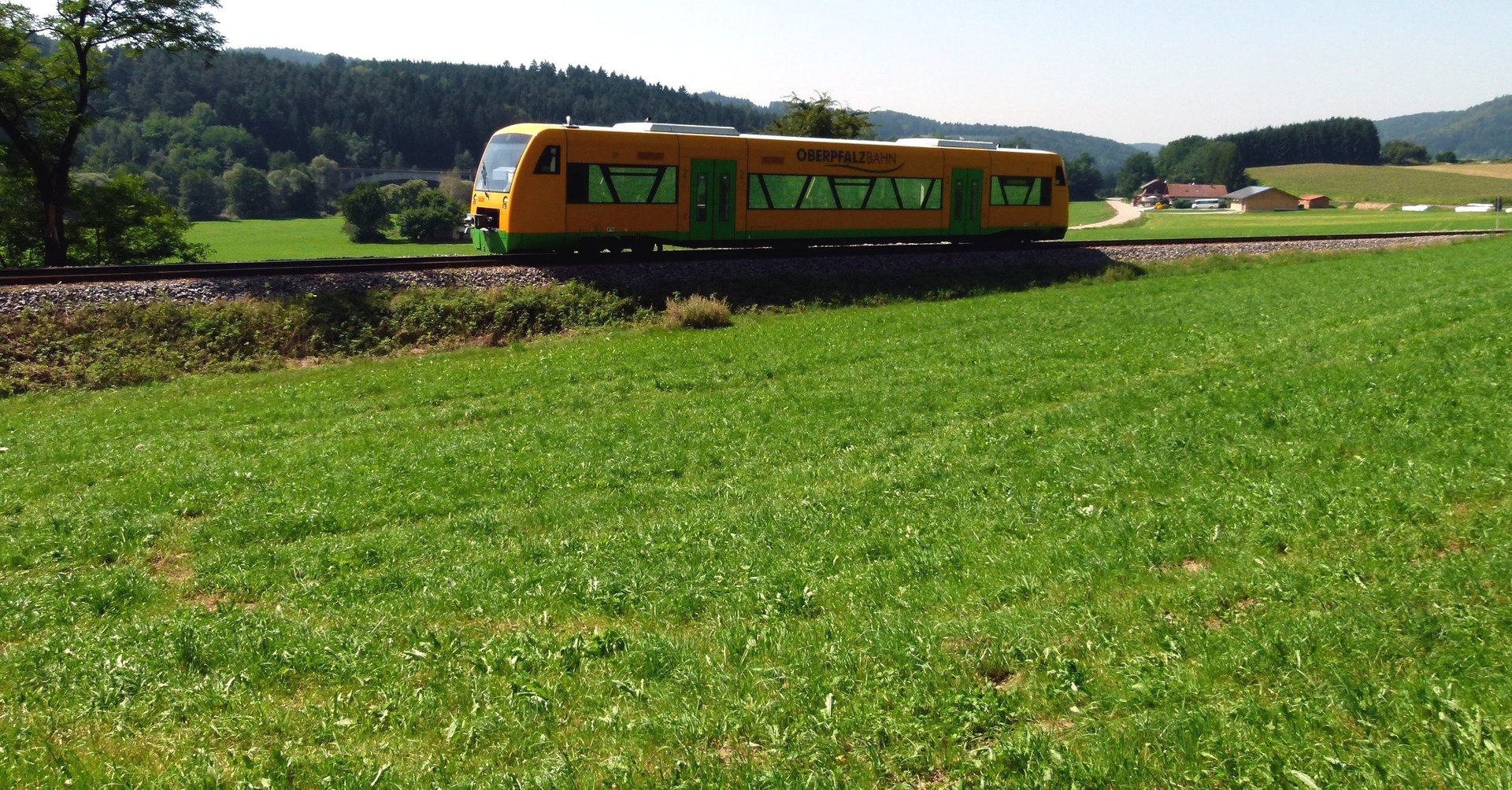 Blick auf den fahrenden Zug der Oberpfalzbahn in der Natur