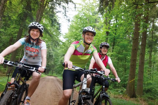 Drei Frauen fahren mit dem MTB durch den Wald