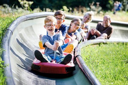 Sommerrodelbahn mit rutschenden Kindern