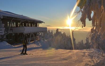 Skifahrer fährt den Berg hinunter