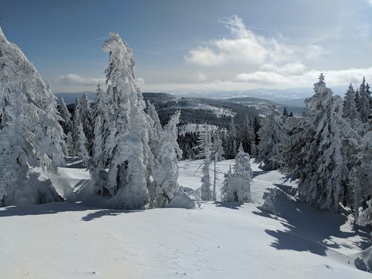 Blick vom Berg ins Tal in einer verschneiten Landschaft