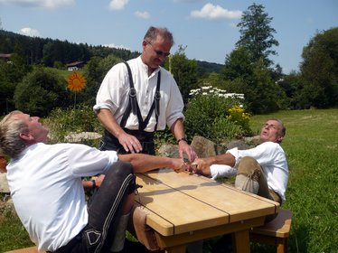 Zwei Männer messen sich am Tisch auf einer Wiese beim "Fingerhakeln".