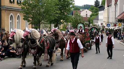 Prächtig geschmückte Pferdegespanne beim Festzug zur Volksfest-Eröffnung in Bad Kötzting