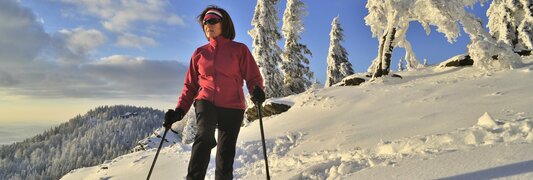 Blick auf eine Frau mit Schneeschuhen in einer Winterlandschaft, im Hintergrund sieht man die Kötztinger Hütte