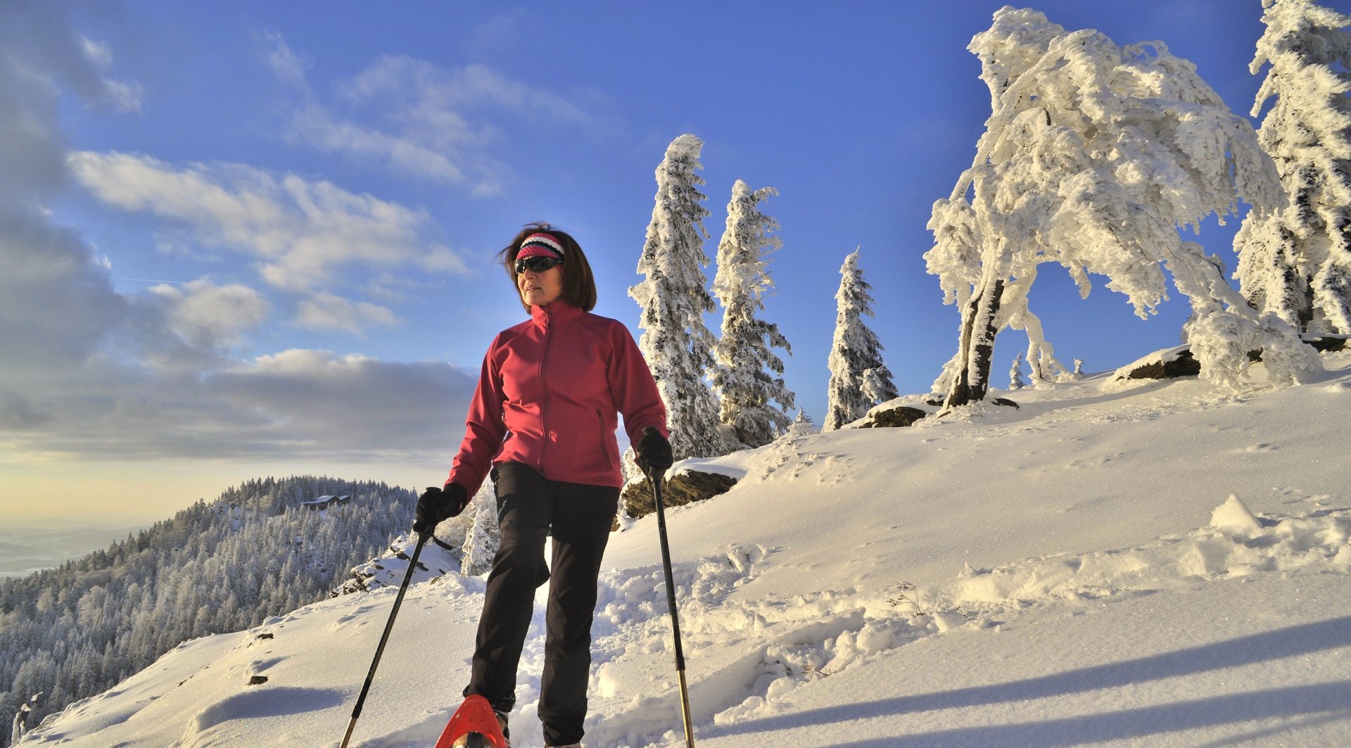 Schneeschuhwandern Blick auf eine Frau mit Schneeschuhen in einer Winterlandschaft, im Hintergrund sieht man die Kötztinger Hütte